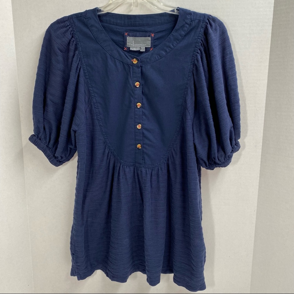 Anthropologie Small Blue boho Half button Top short sleeve casual relaxed fit